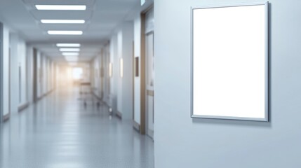 Blank sign in a bright hospital corridor.