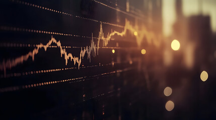 Dynamic financial graph overlaying a cityscape at dusk
