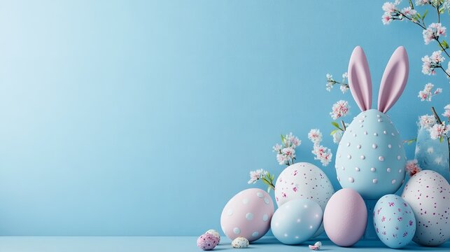 Easter greeting card with patterned colorful eggs and bunny ears