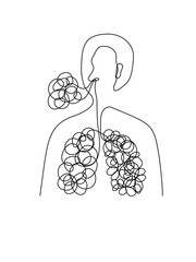 Line drawing of a person breathing and taking polluted air into the lungs as an abstract symbol, editable stroke.