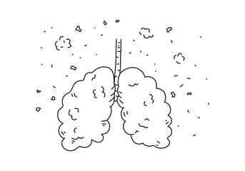 Hand drawn lungs with floating particles showing lung disease or pollution damage. Simple black line art illustration for medical, health awareness, and respiratory system concepts.