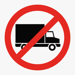 No trucks allowed sign. Red circle with diagonal line crossing black truck silhouette. This prohibition symbol is perfect for informational signs, warnings, and restrictions.