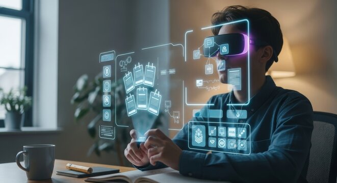 Young man student studying math with smart glasses in a home office, surrounded by floating holographic equations, graphs, and video modules in an immersive eLearning environment.