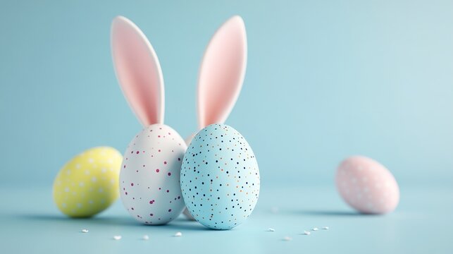 Easter greeting card with patterned colorful eggs and bunny ears