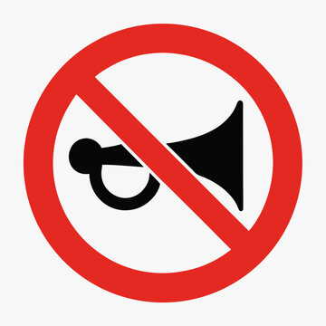 Prohibiting honking sign. No horns allowed.  This circular symbol with red prohibition sign and black horn inside is perfect for creating informational signage, prohibiting, warning,