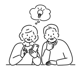 スマホの操作をする高齢者夫婦 （線画）