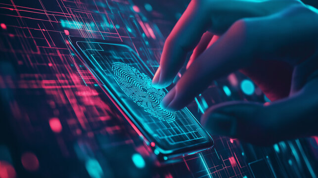 Cybersecurity concept - person using biometric scan on smartphone, futuristic style, high contrast, modern tech background, PNG