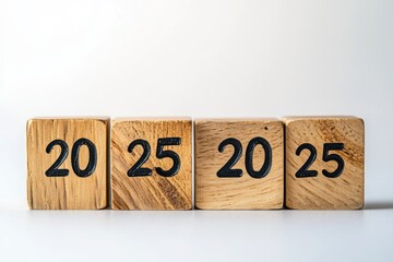 Minimalist wooden blocks displaying the year 2025 on a white background with carved black numbers for future themes