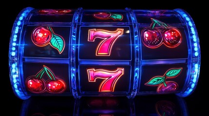 Illuminated slot machine reels displaying cherries and lucky sevens against a black background.