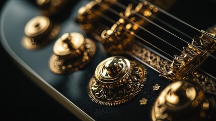 Close-up of intricate gold details on a dark guitar.