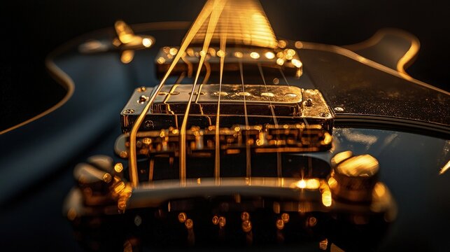 Close-up view of a dark electric guitar's fretboard and strings.