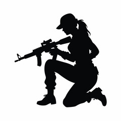 Naklejka premium A vector silhouette of a woman kneeling in a tactical pose, holding an assault rifle
