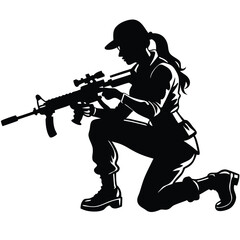 Obraz premium A vector silhouette of a woman kneeling in a tactical pose, holding an assault rifle