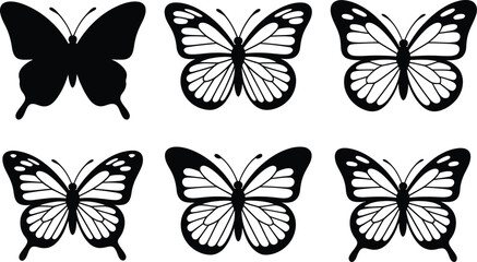 Fototapeta premium Butterfly silhouette set with different wing designs in black and white