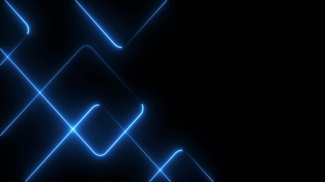 A vibrant abstract background featuring dynamic neon line patterns in shades of blue . Neon blue laser lines animation with black background.