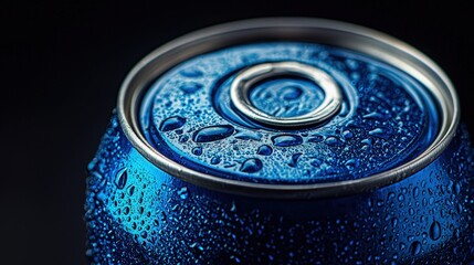 Close-up of a blue metal can with water droplets.
