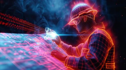 Futuristic engineer hard hat interacts with digital blueprint and glowing neon interface, showcasing advanced technology, innovation, and construction planning high tech environment, while analyzing - Powered by Adobe