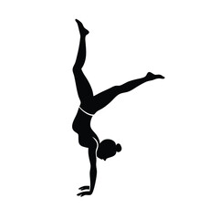  A vector silhouette of a woman performing a handstand with one leg extended upwards and the other bent at the waist