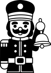 black and white illustration of a Nutcracker doll holding a bell