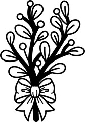 black and white illustration of a mistletoe branch with a bow