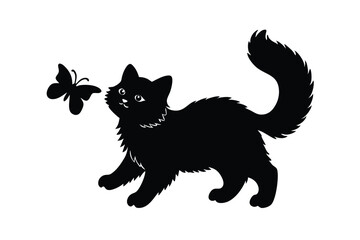 Fluffy kitten chasing a butterfly vector art illustration