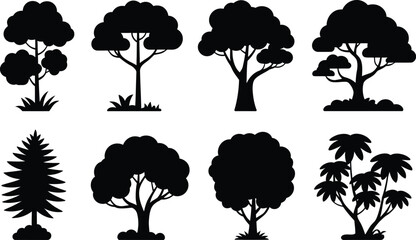 Black and white tree silhouettes illustration of forest landscape elements