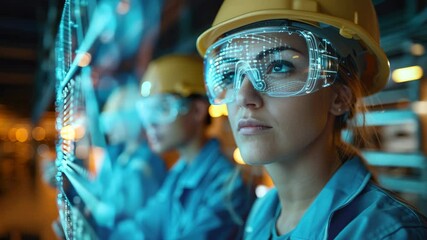Confident woman engineer wearing safety helmet and smart glasses high tech industrial environment, interacting with digital interface, showcasing futuristic technology, innovation, and advanced - Powered by Adobe