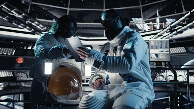 Astronaut reviewing onboard analytics on tablet, talking to colleague during space mission. Teamworking cosmonauts tracking star and asteroids patterns during mankind survival expedition, camera A - Powered by Adobe
