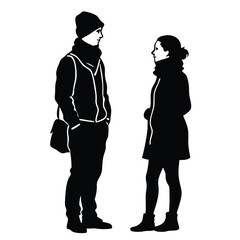A vector silhouette of a young couple standing and having a casual conversation.