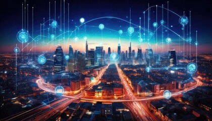 Fototapeta premium A futuristic city skyline at night with glowing digital network connections visualized above the buildings.