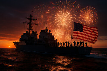 Warship silhouetted at sunset with the American flag and fireworks during July celebration event.