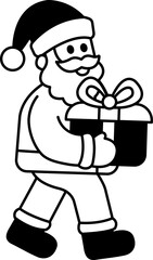 black and white illustration of Santa Claus is holding a gift box