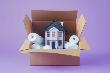 A miniature house inside a cardboard box, symbolizing relocation and compact living, with purple background