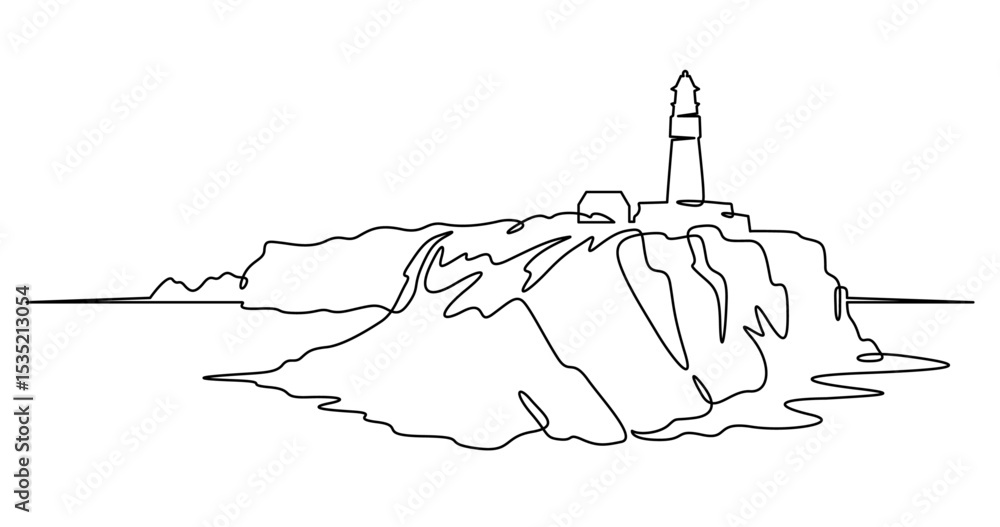 Poster continuous one line drawing lighthouse on a rocky cliff. lighthouse on the seashore.one continuous l