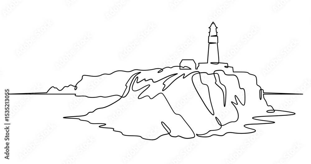 Poster continuous one line drawing lighthouse on a rocky cliff. lighthouse on the seashore.one continuous l