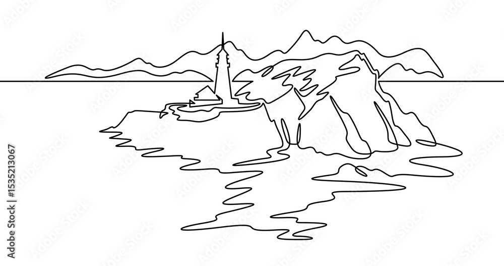 Poster continuous one line drawing lighthouse on a rocky cliff. lighthouse on the seashore.one continuous l
