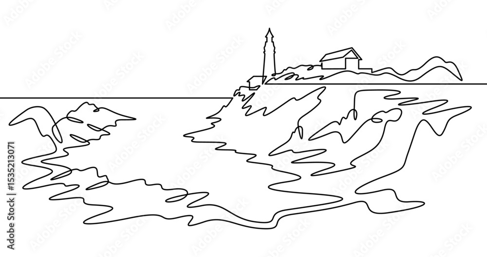 Poster continuous one line drawing lighthouse on a rocky cliff. lighthouse on the seashore.one continuous l