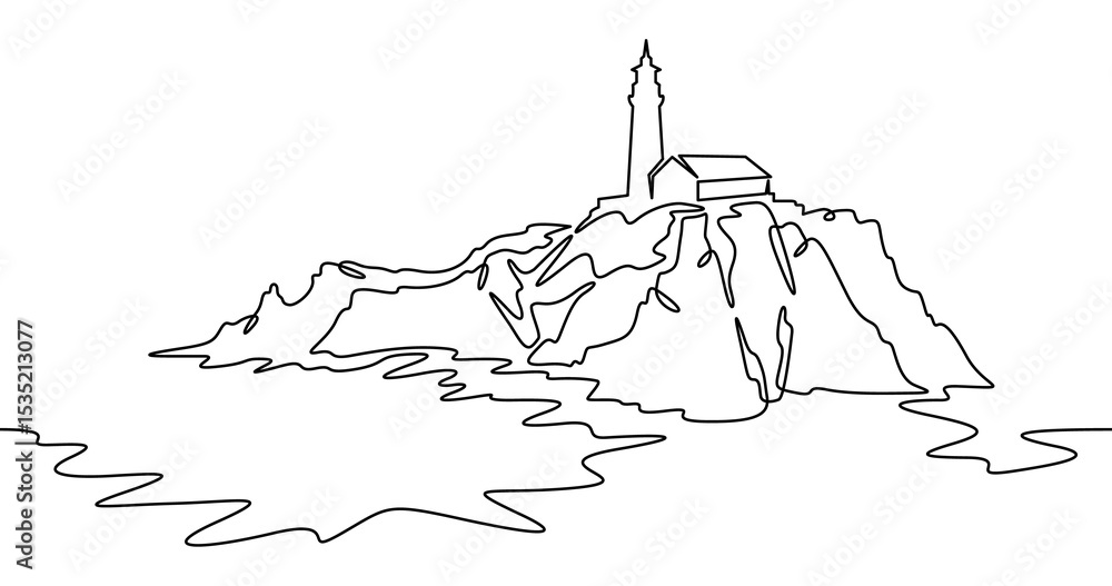 Poster continuous one line drawing lighthouse on a rocky cliff. lighthouse on the seashore.one continuous l