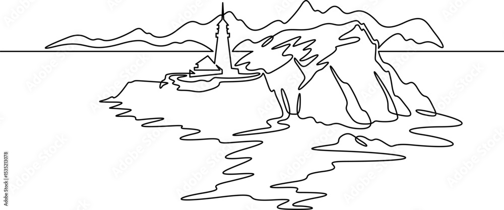 Poster continuous one line drawing lighthouse on a rocky cliff. lighthouse on the seashore.one continuous l