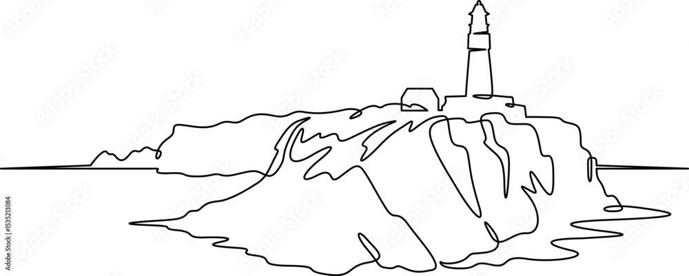 Poster continuous one line drawing lighthouse on a rocky cliff. lighthouse on the seashore.one continuous l