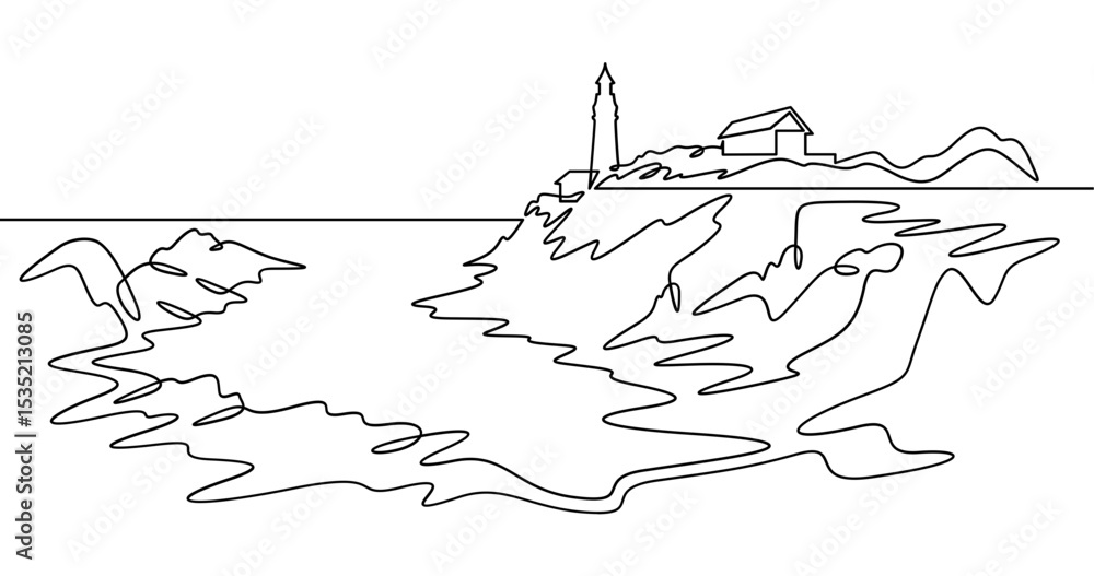Poster continuous one line drawing lighthouse on a rocky cliff. lighthouse on the seashore.one continuous l