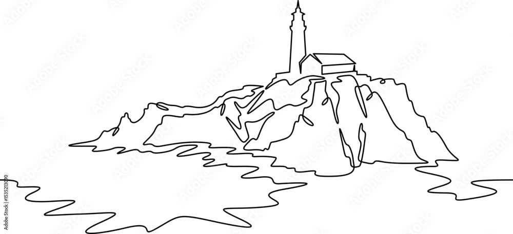 Poster continuous one line drawing lighthouse on a rocky cliff. lighthouse on the seashore.one continuous l