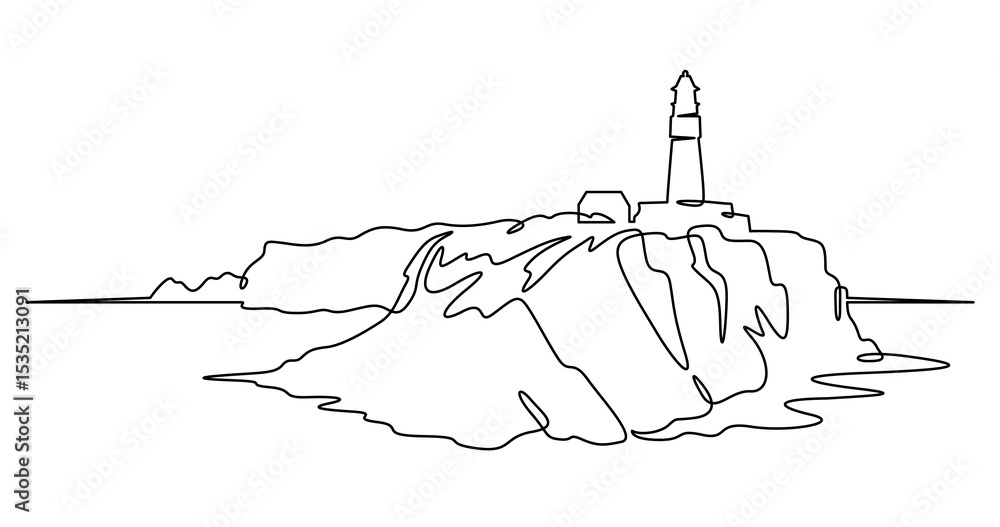 Poster continuous one line drawing lighthouse on a rocky cliff. lighthouse on the seashore.one continuous l