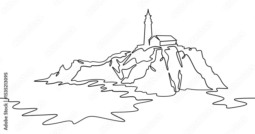 Poster continuous one line drawing lighthouse on a rocky cliff. lighthouse on the seashore.one continuous l