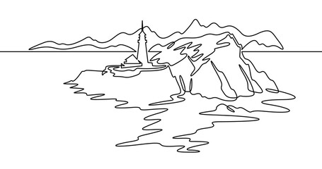 Continuous one line drawing lighthouse on a rocky cliff. Lighthouse on the seashore.One continuous line isolated minimal illustration.Not AI.