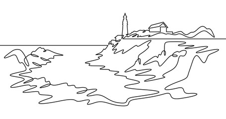 Continuous one line drawing lighthouse on a rocky cliff. Lighthouse on the seashore.One continuous line isolated minimal illustration.Not AI.