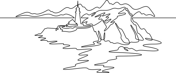Continuous one line drawing lighthouse on a rocky cliff. Lighthouse on the seashore.One continuous line isolated minimal illustration.Not AI.