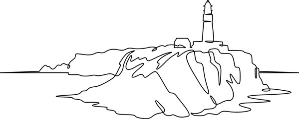 Continuous one line drawing lighthouse on a rocky cliff. Lighthouse on the seashore.One continuous line isolated minimal illustration.Not AI.