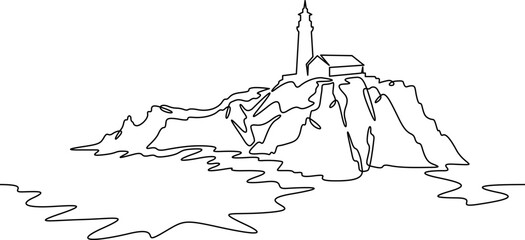 Continuous one line drawing lighthouse on a rocky cliff. Lighthouse on the seashore.One continuous line isolated minimal illustration.Not AI.