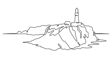 Continuous one line drawing lighthouse on a rocky cliff. Lighthouse on the seashore.One continuous line isolated minimal illustration.Not AI.